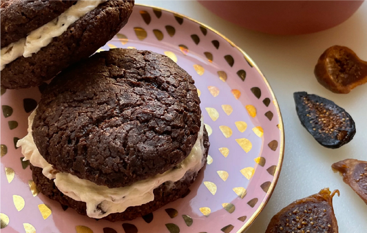 Brownie Cookie Sandwiches with Vegan Fig Cream Cheese Frosting
