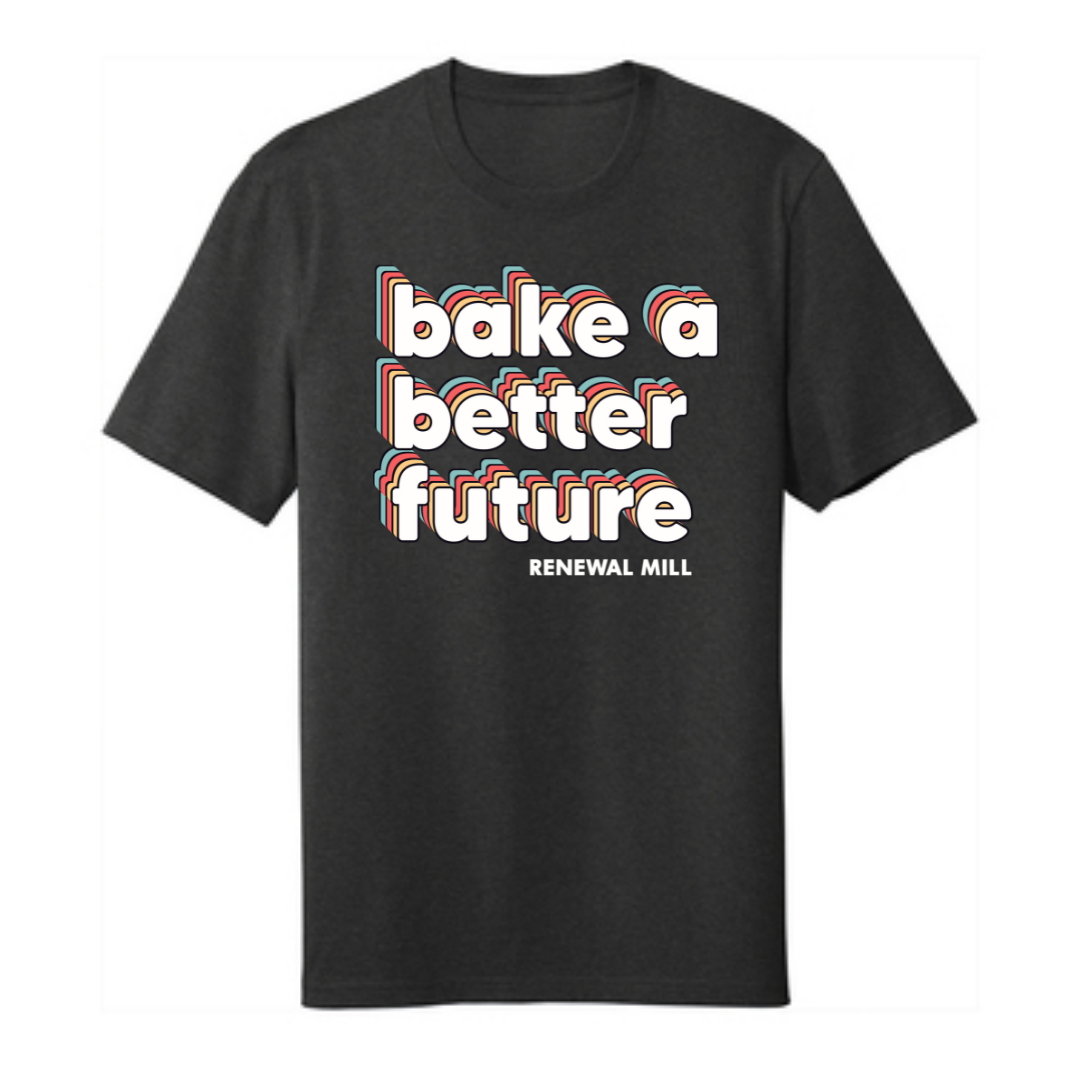 Charcoal heather unisex t-shirt with 'Bake a Better Future' retro slogan made from 100% recycled fabric